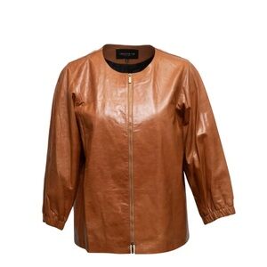 Lafayette 148 Brown Ochre Leather Collarless Zip Up Jacket Size US XL